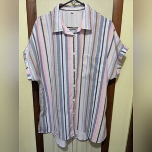 Women's Striped Cotton Short Sleeve Button Down Blouse Design In Italy Size XL